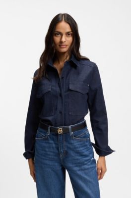 Regular-fit blouse in Italian-made stretch denim, Dark Blue