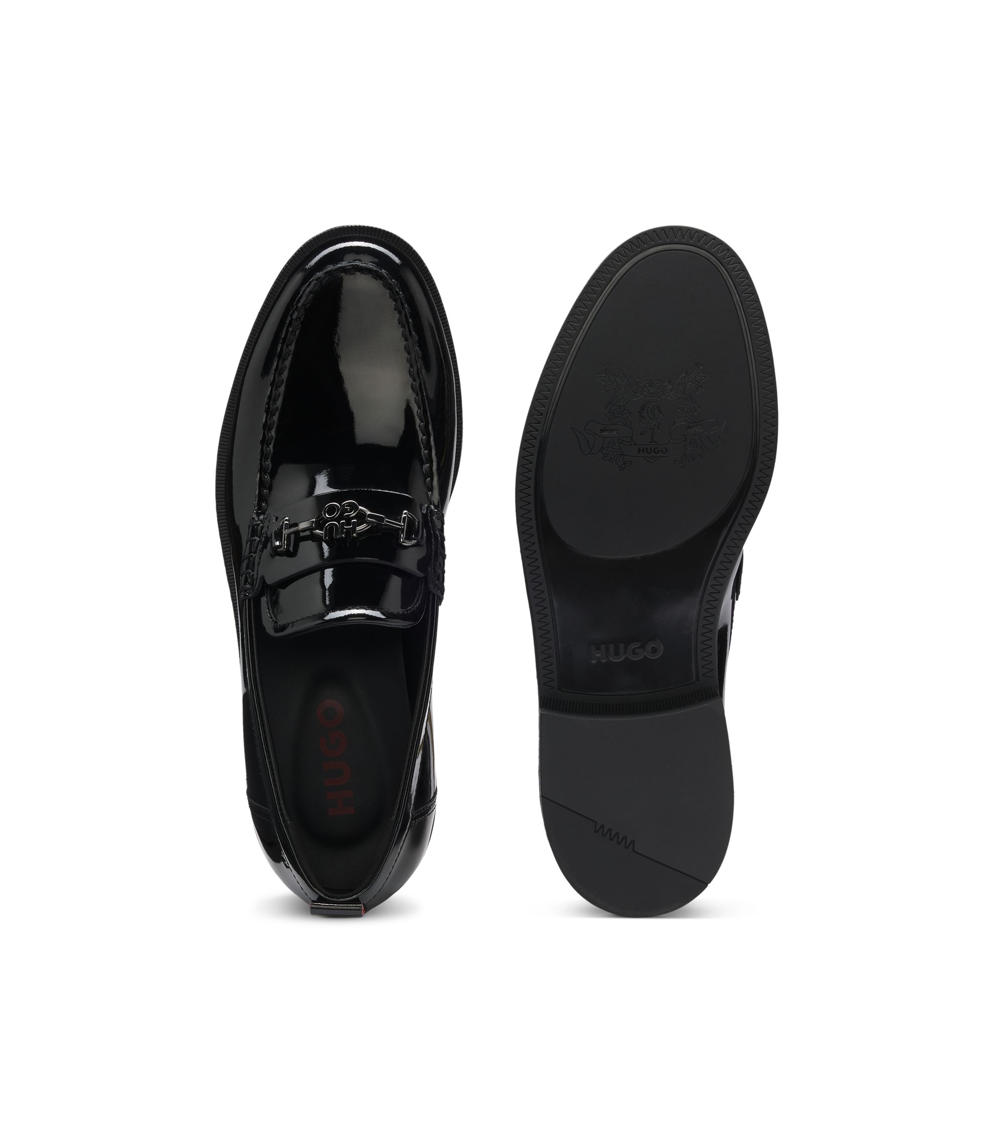 HUGO - Patent-leather loafers with stacked-logo bit - Black display picture 3