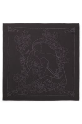 Bandana with digital print blended with silk, Black Patterned