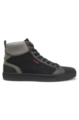 High-top trainers with mesh and faux suede, Black