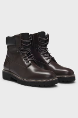 Leather boots with cushioned collar and lug sole, Dark Brown