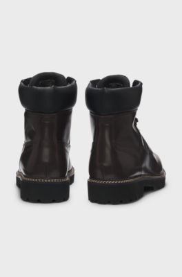 Leather boots with cushioned collar and lug sole, Dark Brown