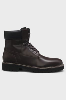 Leather boots with cushioned collar and lug sole, Dark Brown
