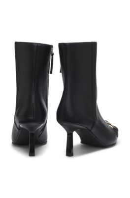 Faux-leather boots with hardware trim and 7cm heel, Black