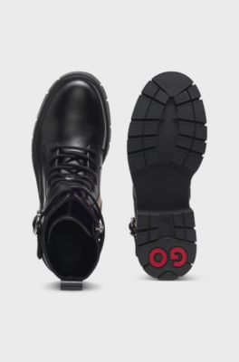 Faux-leather boots with buckled strap, Black