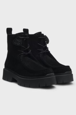 Lace-up boots in suede with removable logo tag, Black