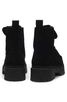 Lace-up boots in suede with removable logo tag, Black