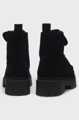 Lace-up boots in suede with removable logo tag, Black
