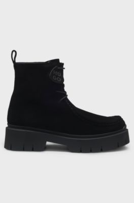 Lace-up boots in suede with removable logo tag, Black