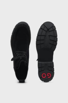 Lace-up boots in suede with removable logo tag, Black