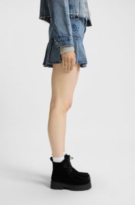 Lace-up boots in suede with removable logo tag, Black