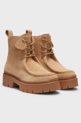 Lace-up boots in suede with removable logo tag, Light Brown