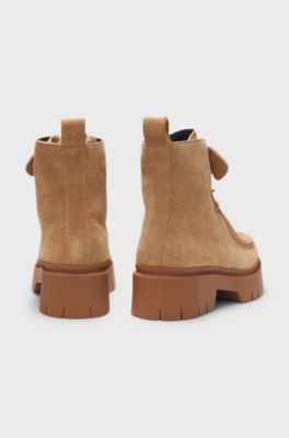 Lace-up boots in suede with removable logo tag, Light Brown
