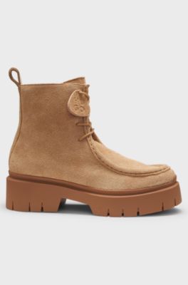 Lace-up boots in suede with removable logo tag, Light Brown
