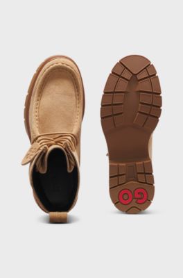 Lace-up boots in suede with removable logo tag, Light Brown