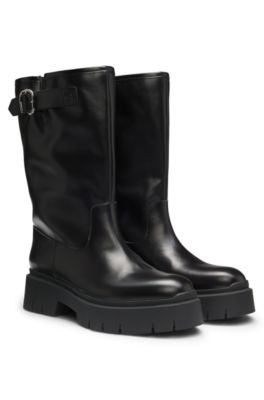 Faux-leather biker boots with buckle detail, Black