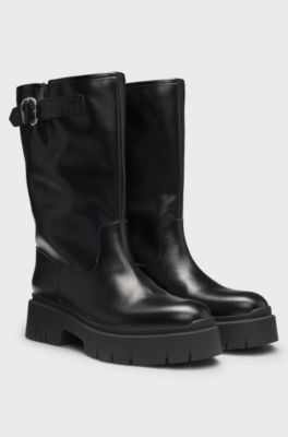 Faux-leather biker boots with buckle detail, Black