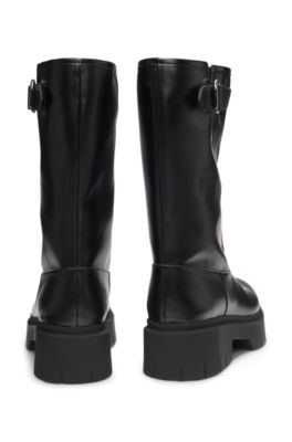 Faux-leather biker boots with buckle detail, Black