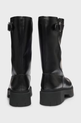 Faux-leather biker boots with buckle detail, Black