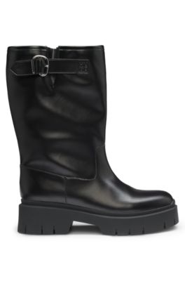 Faux-leather biker boots with buckle detail, Black