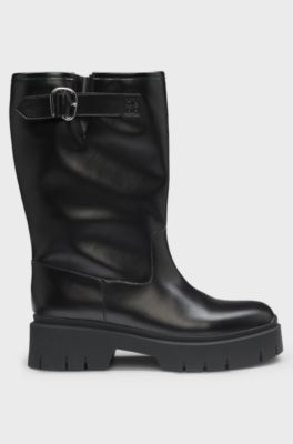 Faux-leather biker boots with buckle detail, Black