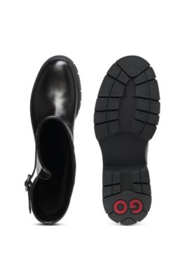 Faux-leather biker boots with buckle detail, Black