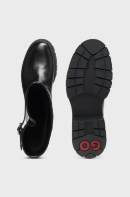 Faux-leather biker boots with buckle detail, Black