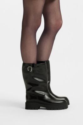 Faux-leather biker boots with buckle detail, Black