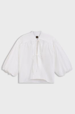 Relaxed-fit blouse in cotton poplin with tie neckline, White