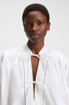 Relaxed-fit blouse in cotton poplin with tie neckline, White