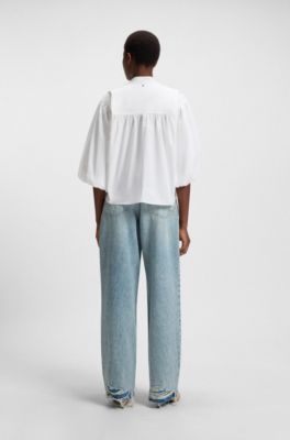 Relaxed-fit blouse in cotton poplin with tie neckline, White