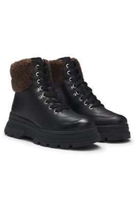 Leather boots with faux-fur trim, Black