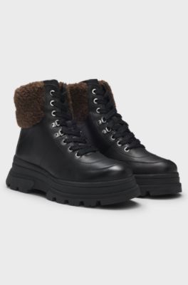 Leather boots with faux-fur trim, Black