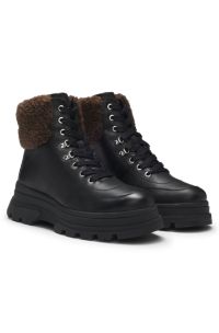 Leather boots with faux-fur trim, Black