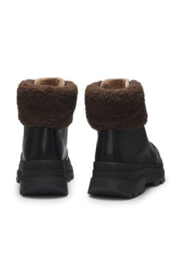 Leather boots with faux-fur trim, Black