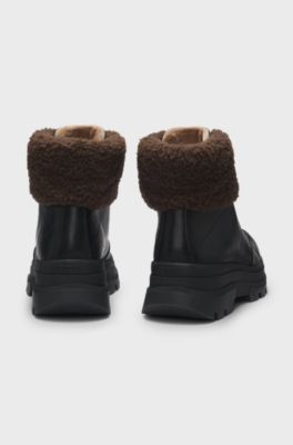 Leather boots with faux-fur trim, Black