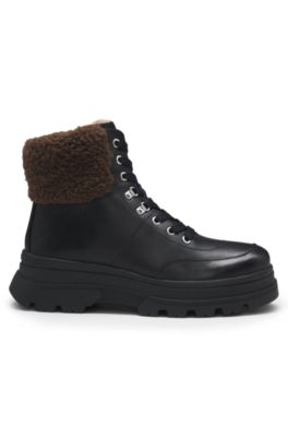 Leather boots with faux-fur trim, Black