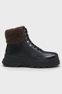 Leather boots with faux-fur trim, Black