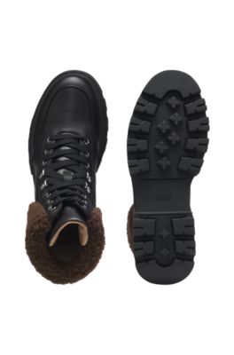Leather boots with faux-fur trim, Black