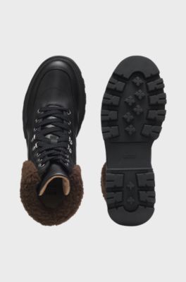 Leather boots with faux-fur trim, Black