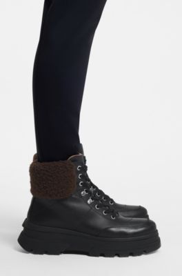 Leather boots with faux-fur trim, Black