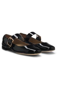 Patent-leather ballerina pumps with buckled strap, Black