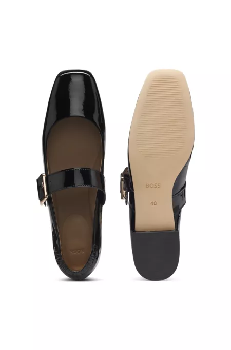 Patent-leather ballerina pumps with buckled strap