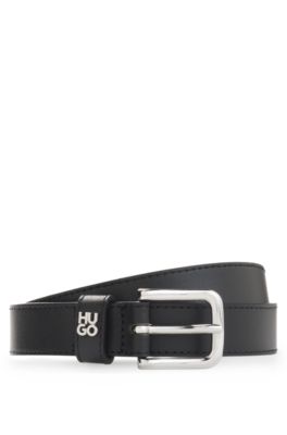 Italian-leather belt with metal letters, Black