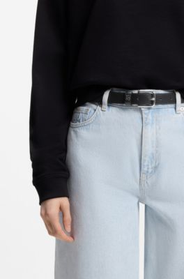 Italian-leather belt with metal letters, Black