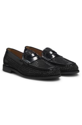 Leather loafers with rhinestones and satin, Black