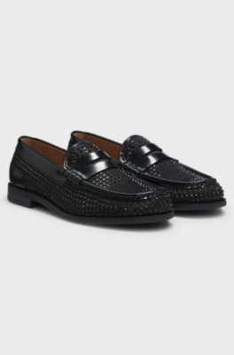 Mocassins en cuir avec strass et satin, Noir