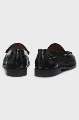 Mocassins en cuir avec strass et satin, Noir
