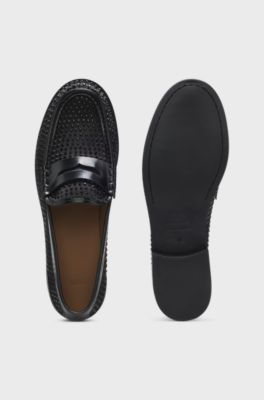 Mocassins en cuir avec strass et satin, Noir