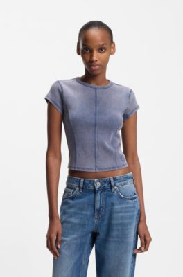 T-shirt Slim en coton stretch avec effet d&eacute;lav&eacute;, Bleu